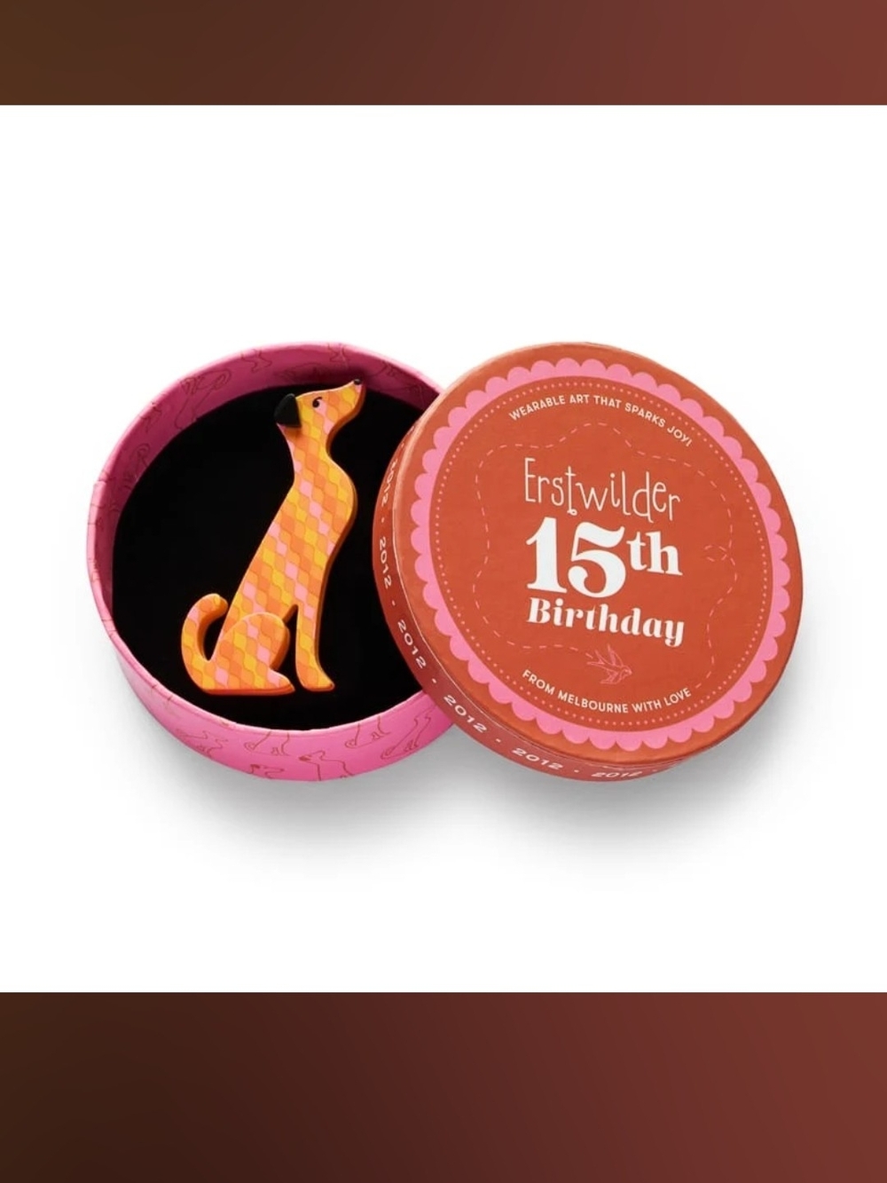 Erstwilder 15th Birthday Orange Dog Alphonse in the Window Brooch